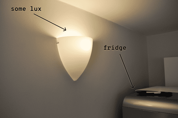 The wall light and the fridge